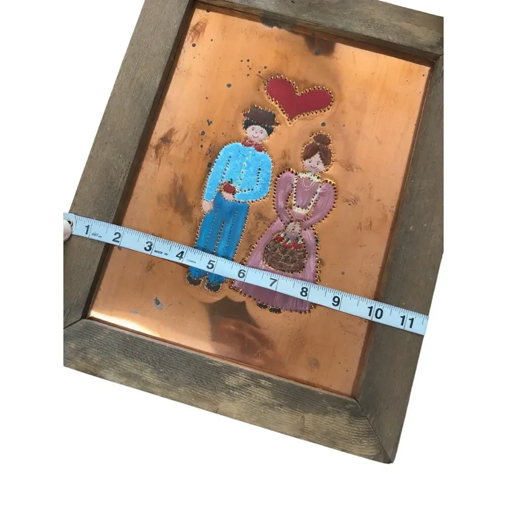 Vintage Folk Art Copper Wall Hanging Hand Painted Couple Heart Framed 11x14